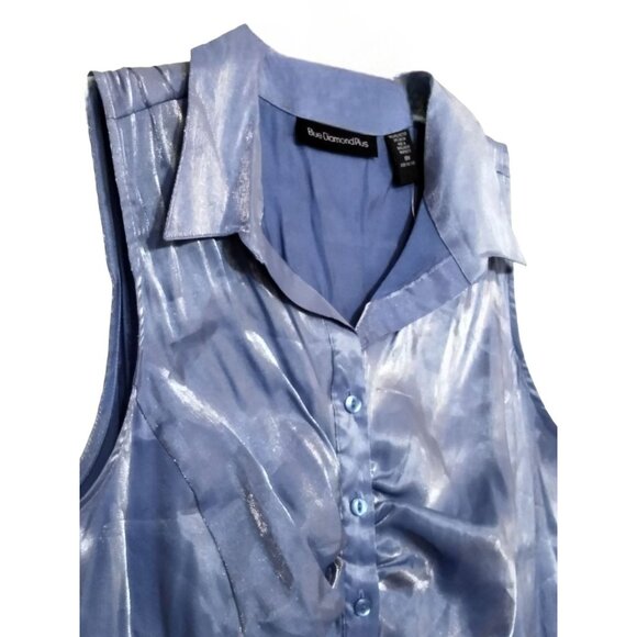 Blue Diamond Plus Size 18W Top Sleeveless Ruched Collared Button-Up Shiny Blue - Picture 5 of 9